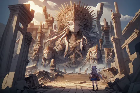 ancient and destroyed place as if it were a city of an ancient civilization with statues of gods in anime style