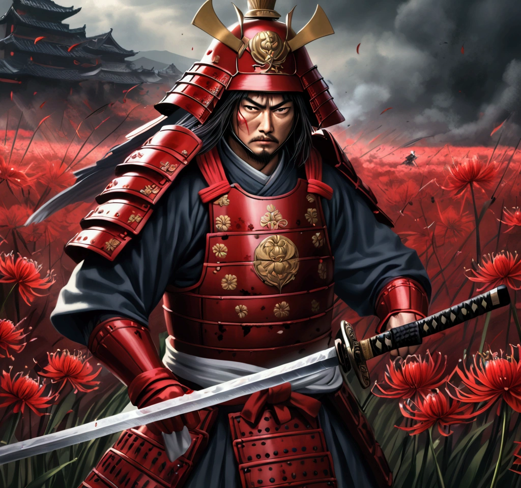 anime art style, digital, a field of vibrant red spider lilies, two samurai warriors engaged in an intense battle, blood spattered, dark and ominous atmosphere, (best quality,4k,8k,highres,masterpiece:1.2),ultra-detailed,(realistic,photorealistic,photo-realistic:1.37),dramatic lighting, moody color palette, cinematic composition, intricate sword clashes, fierce expressions, flowing robes, samurai armor, gritty textures, dynamic poses