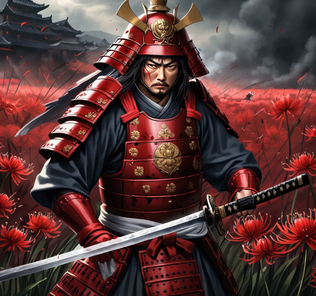 anime art style, digital, a field of vibrant red spider lilies, two samurai warriors engaged in an intense battle, blood spatter...