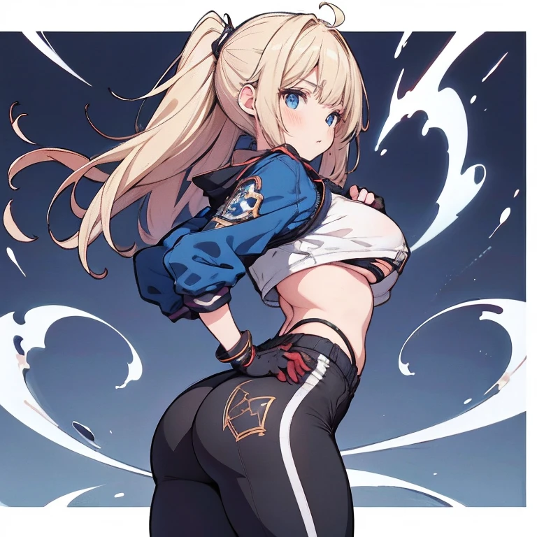 Anime Kawaii sexy Perfect Slim sensual body large breast and huge thighs, An intricate and highly detailed illustration of anime (Young girl) Blonde girl sf6, black sports well, choker, 1 girl, standing alone, clothes open, black pants, looking ahead at viewer, へそ, abdomen, White background, blue colored eyes, scar on the face, red gloves, scar on cheek, muscular, antenna hair, hand on hip, black choker, open jacket, cropped jacket, thick-thighs grossas, hair blonde, gloves fingerless, sports well, shorth hair, thick-thighs,  muscular female, tummy, Blue jacket, (((standing backwards))), big-ass, focus on the ass