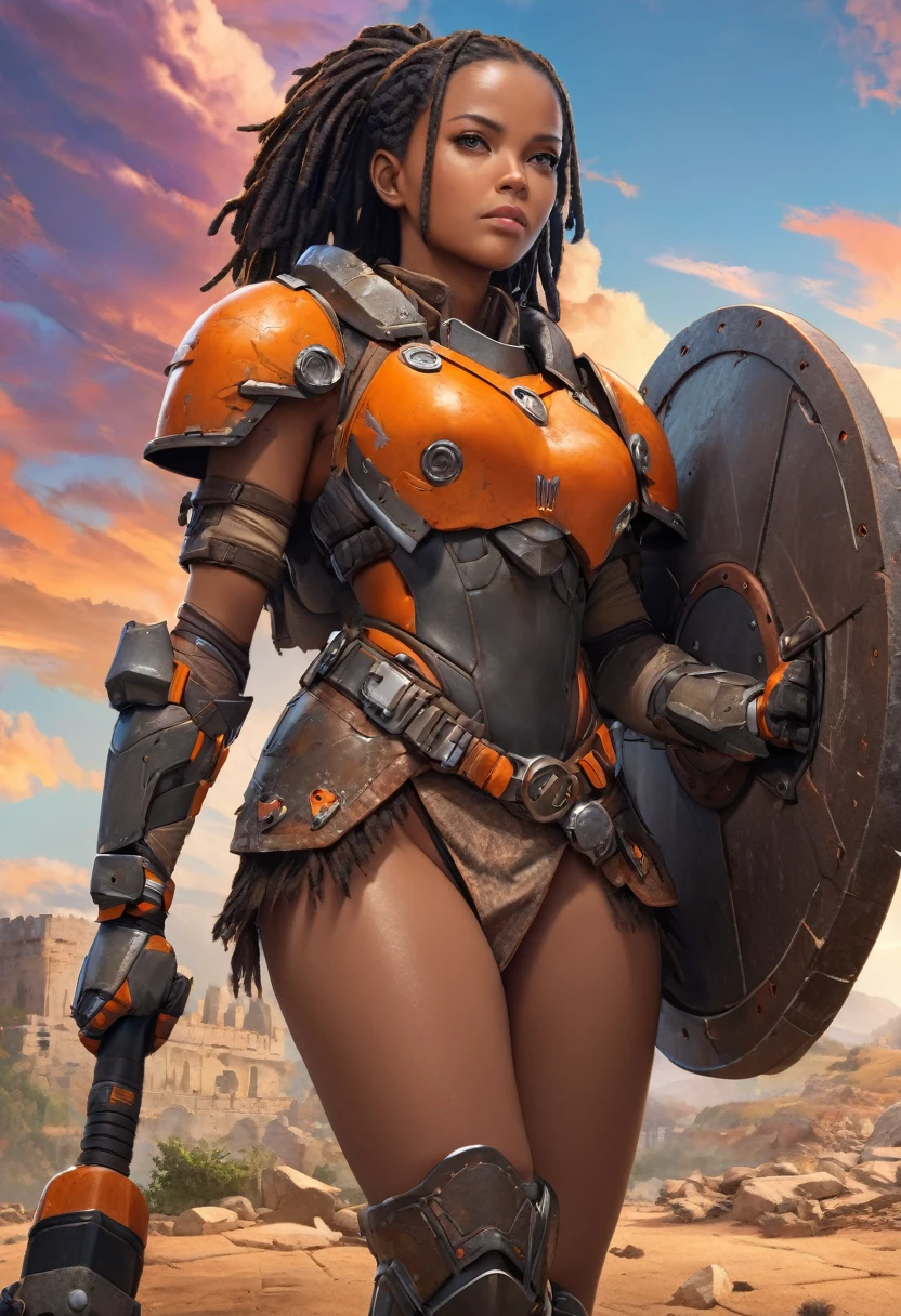 Close up of African woman with (short black dreadlocks), dark skin, black hair pulled back, wearing a (heavy orange mechanical armor, power armor covering her chest and arms, orange breast plate), with large (round orange shoulder pads), chipped paint, (visible wires and gears connect the shoulder pads to the armored gloves), wires and cables run down her arms.  in contrast to her high tech armor she wears fur on her lower body.  Fur trim. Loincloth, (fur shorts, fur skirt:1.2). (bare hips, bare thighs, bare legs). Castle ruins background, large broken stones litter the area. Show her holding a mace and shield. multicolor sky, colorful clouds. (best quality,4k,8k,highres,masterpiece:1.2), ultra-detailed, (realistic,photorealistic,photo-realistic:1.37),(Numerous award-winning masterpieces, incredibly detailed and textured, maximal resolution and clarity), (Hyper-realistic:1.4), (Realistic:1.3), super quality, beautiful detail, super detailed, extra fine, 16K, exquisite, absurd, high resolution
