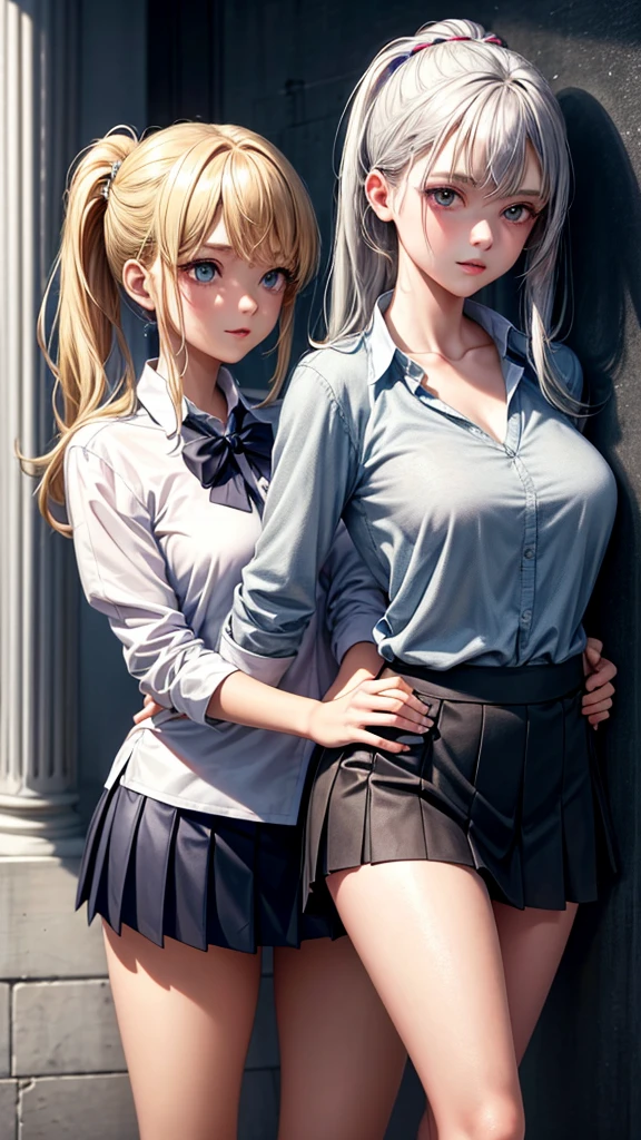 masterpiece, top quality , 18+, 2 young girls in school uniforms, innocent yet curious, body movements revealing a hint of maturity,
girl one, blonde hair in a ponytail, pinned against the wall with her arms above her head, eyes wide with excitement,
girl two, silver hair, holding girl one's waist with one hand, lips parted in a seductive smile,(( lifting her skirt with the other hand)), both girls looking deeply into each other's eyes,
high resolution, realistically rendered textures, warm lighting casting shadows on their faces, a softly blurred background, the smell of adolescence in the air.