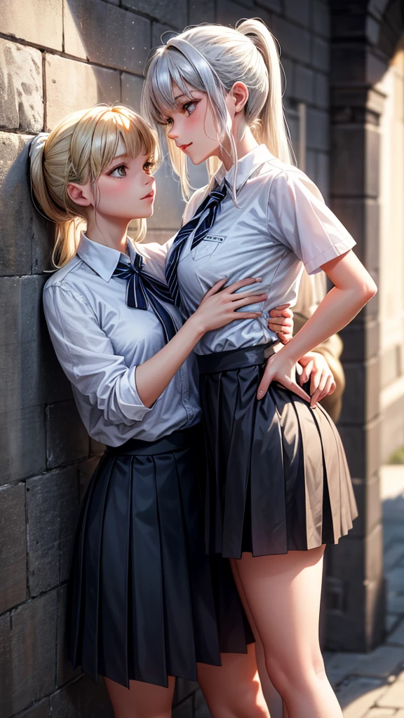 masterpiece, top quality , 18+, 2 young girls in school uniforms, innocent yet curious, body movements revealing a hint of maturity,
girl one, blonde hair in a ponytail, pinned against the wall with her arms above her head, eyes wide with excitement,
girl two, silver hair, holding girl one's waist with one hand, lips parted in a seductive smile,(( lifting her skirt with the other hand)), both girls looking deeply into each other's eyes,
high resolution, realistically rendered textures, warm lighting casting shadows on their faces, a softly blurred background, the smell of adolescence in the air.