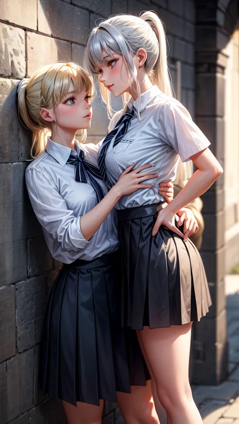 masterpiece, top quality , 18+, 2 young girls in school uniforms, innocent yet curious, body movements revealing a hint of matur...