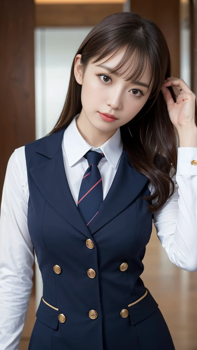 Highest quality, masterpiece, 8k, Ultra-high resolution, (Realistic: 1.4), 1 girl, Beautiful Face, Symmetry of the Eyes, big, Perfect Body Proportions, Stewardess Uniform, The viewer&#39;s gaze, (Inside the plane: 1.2), Rear View,, (Absolute area:1.3)、Show your back thighs、Navy blue tight skirt、big ass