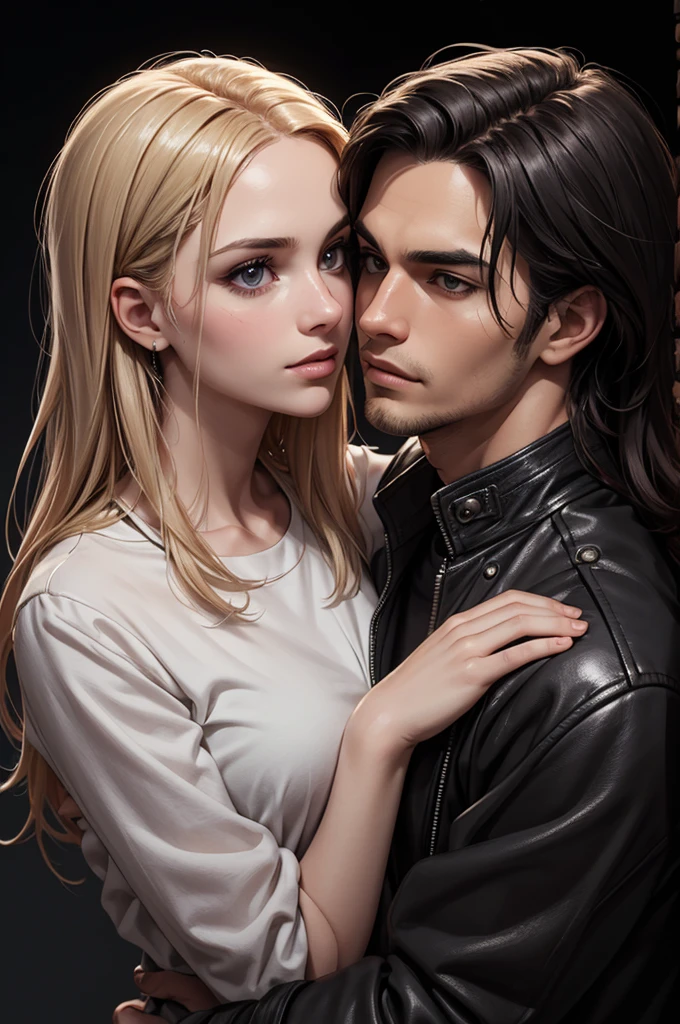 Masterpiece, Awesome clothes, (illustration), ((2 people)), ((handsome Young Couple Kissing and Hugging), (Russian mill style), fashion, leather jacket, (long hair), (be happy), (white skin), (Dark circles), handsome, party, toast, trend, Dark Grey,, close up, (grand background), (chiaroscuro)), face detailsที่ดี, face details, movie light, (depth of field), UHD, (upper body), black background