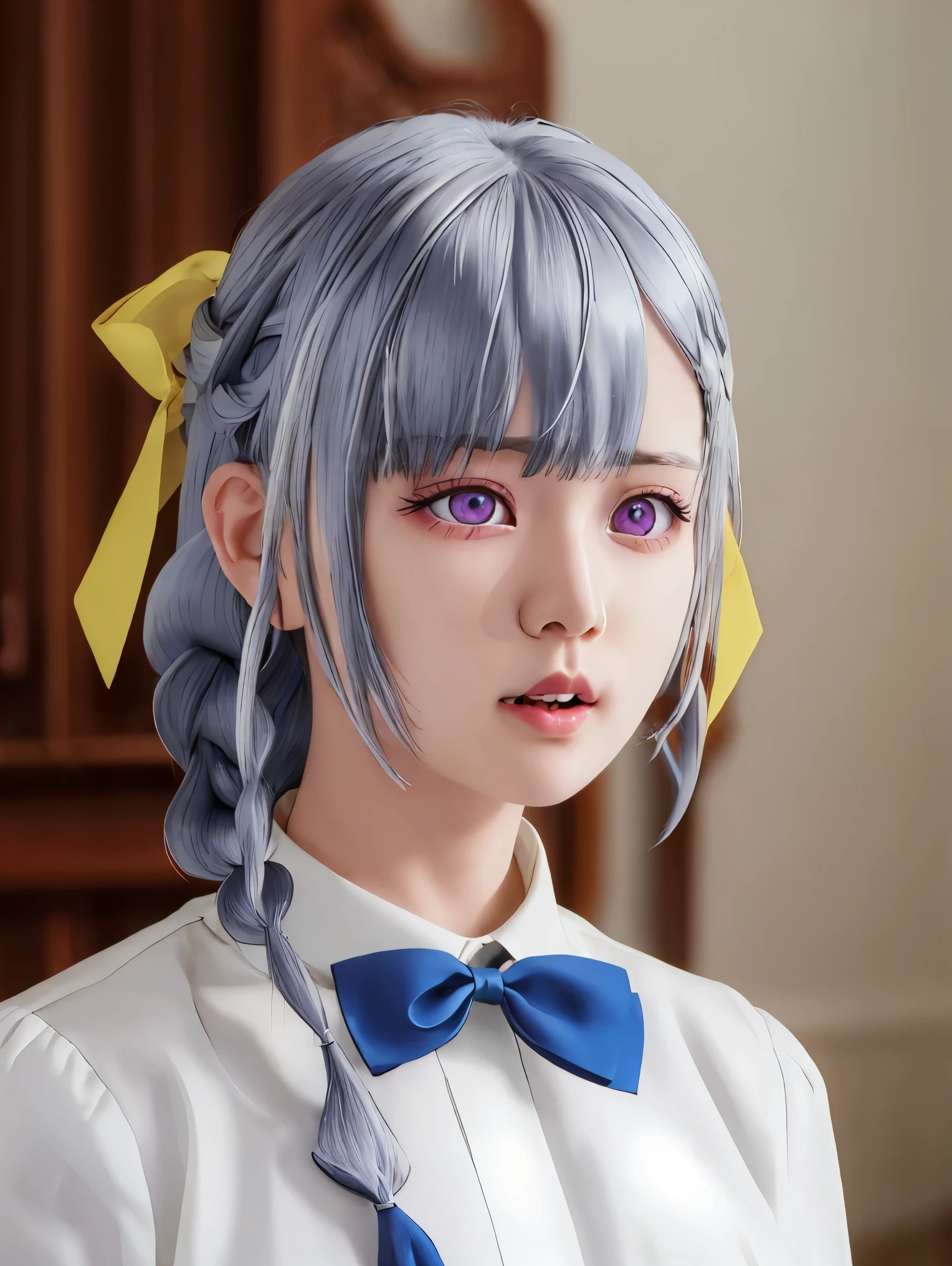 best quality, masterpiece, highres, solo, {euphyllia_magenta_tenseioujototensaireijounomahoukakumei:1.15}, purple_eyes, long_hair, bangs, grey_hair, braid, bow, blurry, hair_bow, hair_ornament, 1girl, open_mouth, yellow_bow, blue_bow, white_hair, blurry_background, bowtie, parody, portrait, hair_between_eyes, parted_lips, upper_body