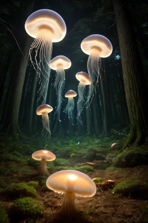 lots of small jellyfish forest with mushrooms glowing in the dark, a forest fantasy in a nature scenery, lots of small jellyfish