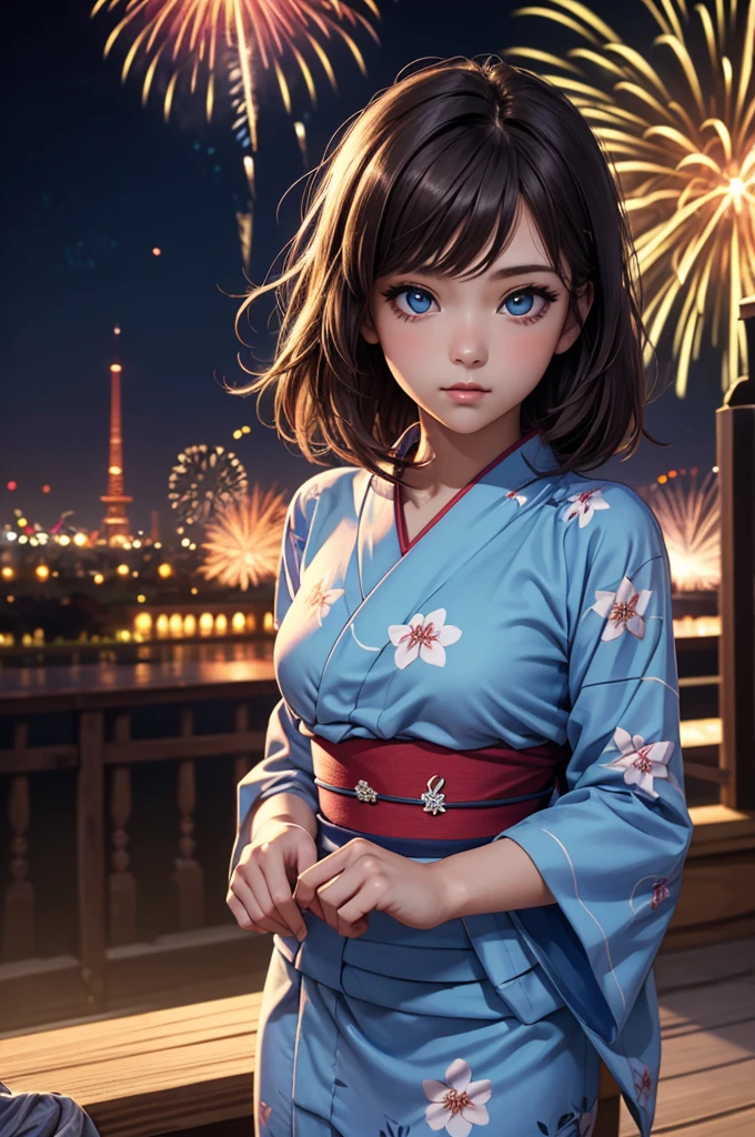 ((chef-d&#39;œuvre, la plus haute qualité, la plus haute résolution, Haute définition)), seul, Belle fille, les yeux brillants, yeux parfaits, , thème bleu, Yukata, feux d&#39;artifice