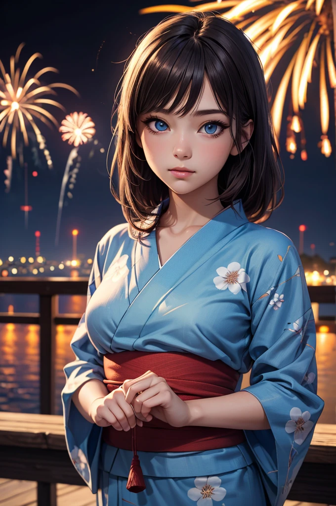 ((obra de arte, mais alta qualidade, resolução mais alta, alta definição)), sozinho, garota linda, olhos brilhantes, olhos perfeitos, , tema azul, Yukata, fogos de artifício