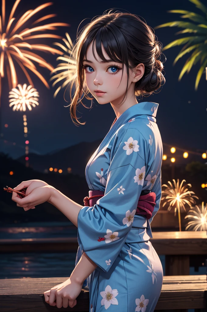 ((obra de arte, mais alta qualidade, resolução mais alta, alta definição)), sozinho, garota linda, olhos brilhantes, olhos perfeitos, , tema azul, Yukata, fogos de artifício