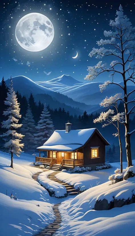 create an image with a serene and welcoming night scene. the scene should include a starry sky with a bright full moon, spreadin...