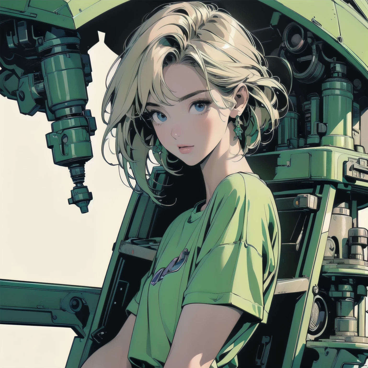 (((masterpiece, Highest quality)))、(((32K Wallpapers)))、The most detailed machine、(((A highly detailed, lime green futuristic machine and a woman)))、The most detailed background、(((Flat Chest)))、(((Surrounded by many complex, sophisticated, futuristic machines)))、head shot,((((more various angle))))、A perfect machine、(((Completed and detailed beautiful face)))、(((The most complete machine of the future)))、Detailed Hair、anime、mysterious、(((Dull colors)))、(((highlight)))、(((Short sleeve shirt)))