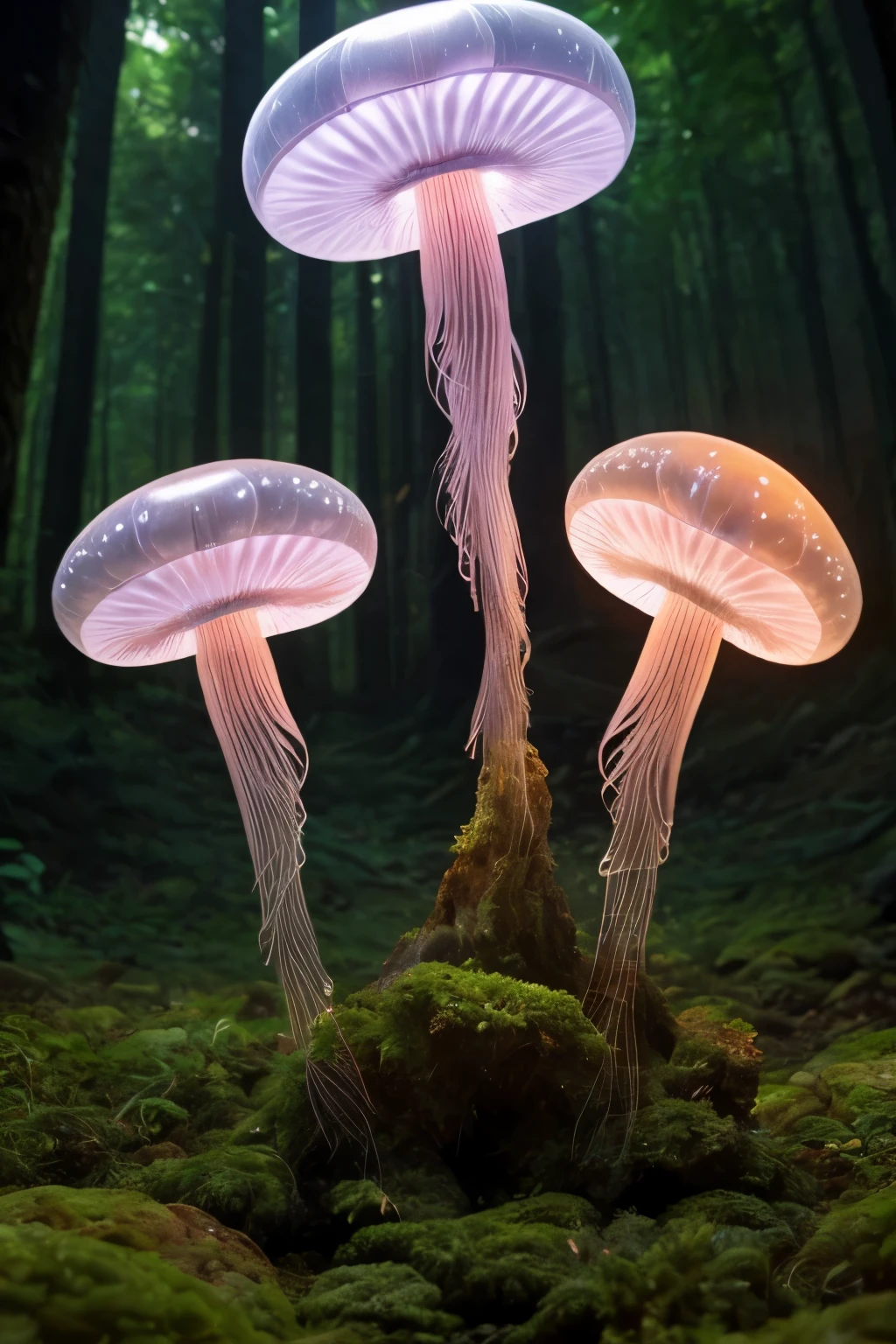 viele kleine Quallen forest with mushrooms glowing in the dark, eine Waldfantasie in einer Naturlandschaft, viele kleine Quallen