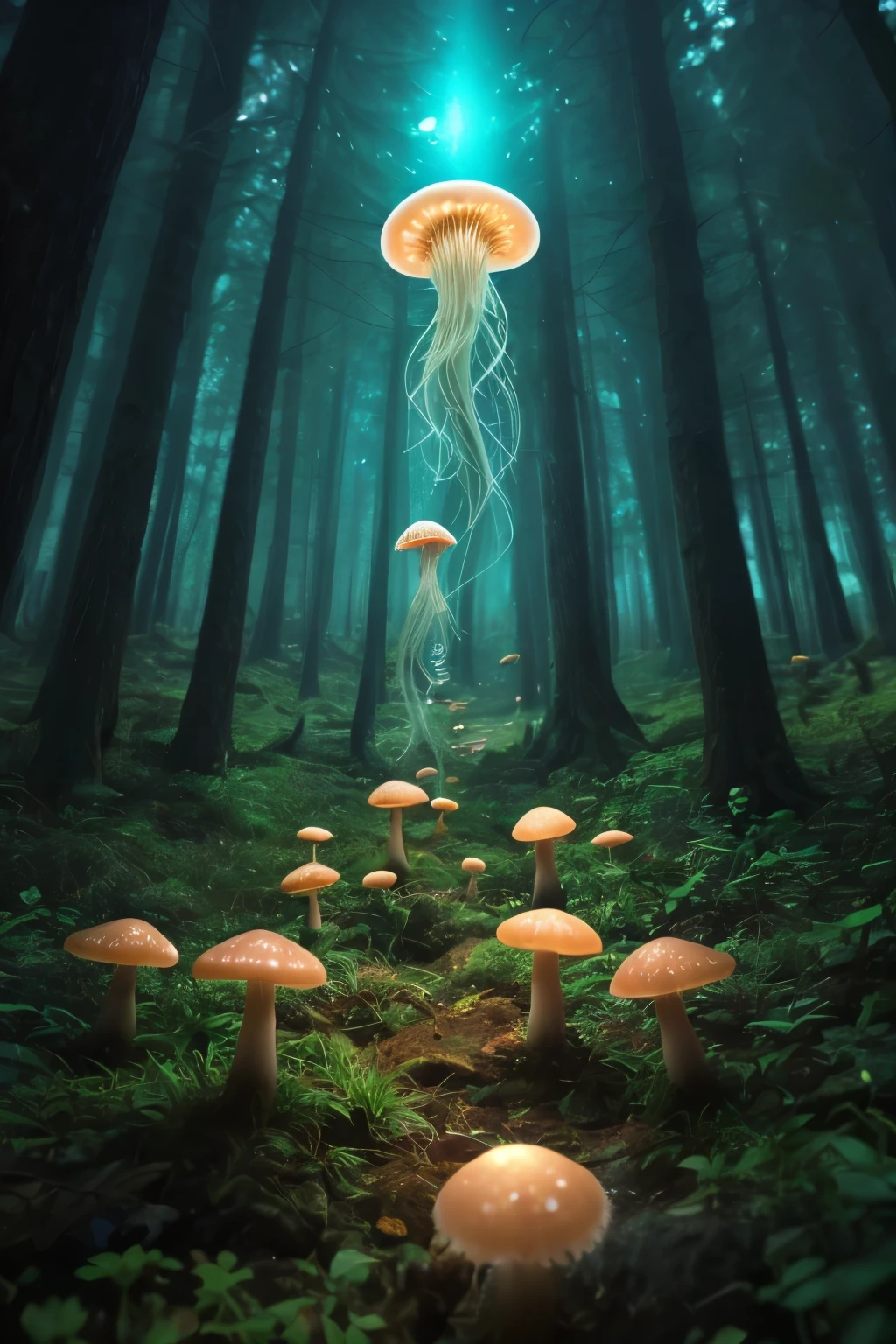 viele kleine Quallen forest with mushrooms glowing in the dark, eine Waldfantasie in einer Naturlandschaft, viele kleine Quallen