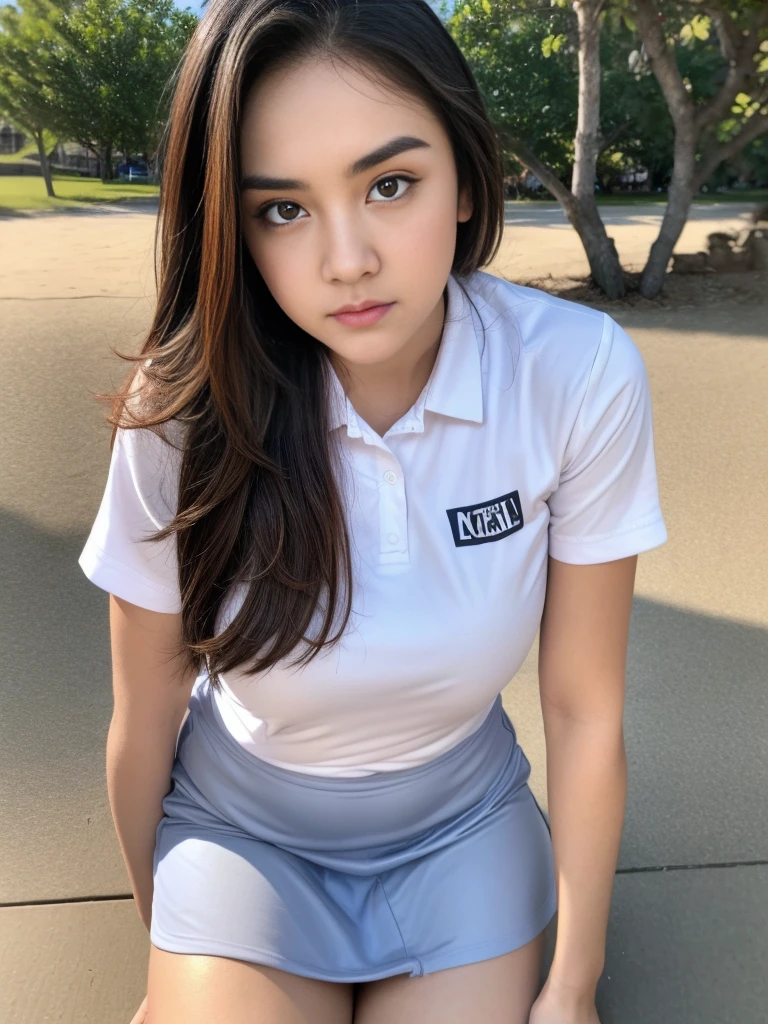 1girl, solo, (uniform), standing, at the beach, face at center frame, beautifully beach scenery, detailed face, cute angry face, detailed eyes, thick breasts, smooth skin, ponytail hairstyle, tight white shirt, grey blue short skirt, looking at the audience, low angle shot,(8k, RAW photo, best quality, masterpiece: 1.2), (realistic, realistic: 1.37), ultra-high resolution