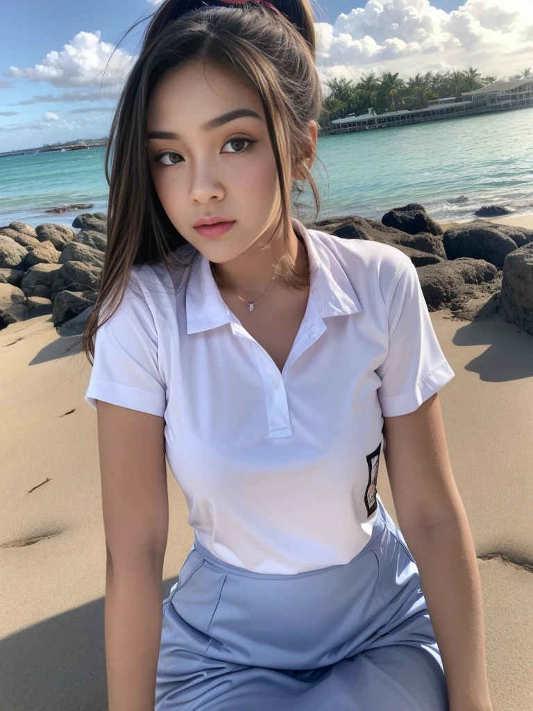 1girl, solo, (uniform), standing, at the beach, face at center frame, beautifully beach scenery, detailed face, cute angry face, detailed eyes, thick breasts, smooth skin, ponytail hairstyle, tight white shirt, grey blue short skirt, looking at the audience, low angle shot,(8k, RAW photo, best quality, masterpiece: 1.2), (realistic, realistic: 1.37), ultra-high resolution