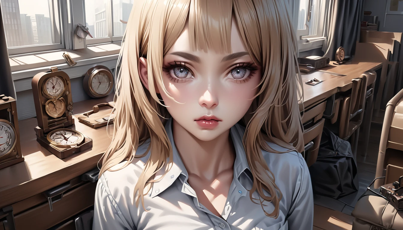 Highest quality, Ultra-high resolution, (Realistic:1.4), One girl, Button-down shirt, Black Skirt, School, Dark brown hair, chest, (Blonde:1.2), View your viewers, (Highly detailed face:1.1),,  (Pure Eros Face_v1:0.8),Tick tock,  