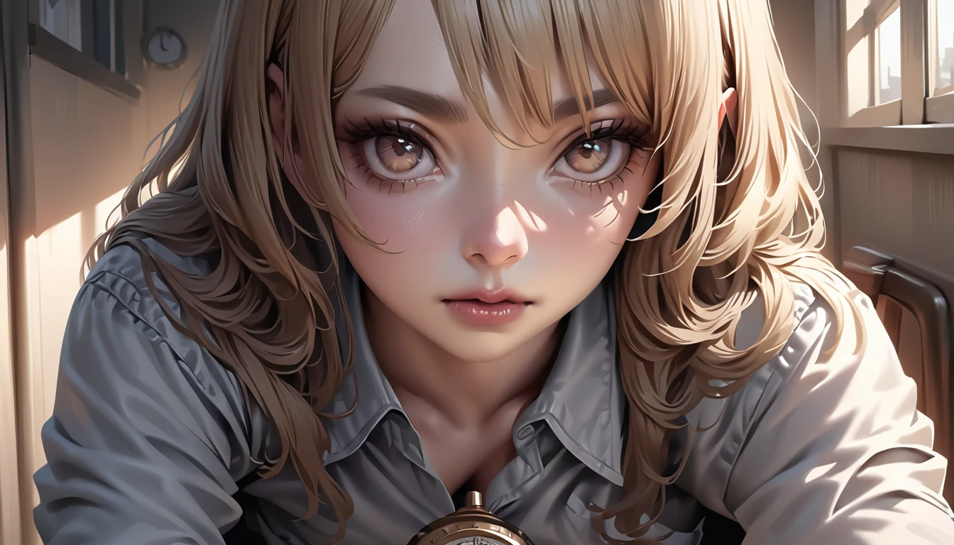 Highest quality, Ultra-high resolution, (Realistic:1.4), One girl, Button-down shirt, Black Skirt, School, Dark brown hair, chest, (Blonde:1.2), View your viewers, (Highly detailed face:1.1),,  (Pure Eros Face_v1:0.8),Tick tock,  