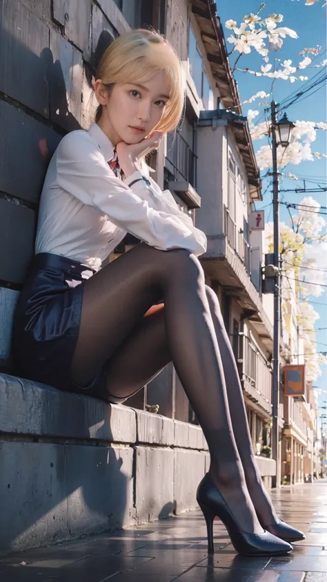 Beautiful Japanese waifu, early 30s, brunette hair, white shirt, black pencil skirt, black stockings, high heels,cute riho yoshi...