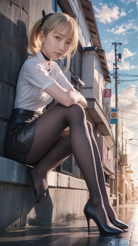 Beautiful Japanese waifu, early 30s, brunette hair, white shirt, black pencil skirt, black stockings, high heels
