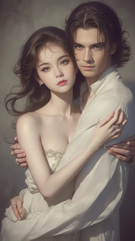 High-quality images of couples: blond man (Tall、Statue-like、Handsome and、Brave young man、Blue eyes、Curly golden hair、Wearing a grey antique military uniform) A woman with black hair (long straight black hair、Long Bangs、Blackberry eyes、A beautiful young femme fatale、naked、PRİNCESS、Hugging。They are in love with each other。Created by Boris Vallejo「Ideal Anatomy」The sketch of、It is characterized by being very detailed.。masterpiece、Detailed study of the face、Beautiful Face、Features of Beautiful Face、Perfect Image、Realistic shots、Detailed study of the face、Full body image、8k、Detailed Images、Highly detailed illustration、A true masterpiece of the highest quality、Careful drawing。Bare Skin、Gown and naked watercolor、

ゴシック、ロマンス
黒のパンティ、