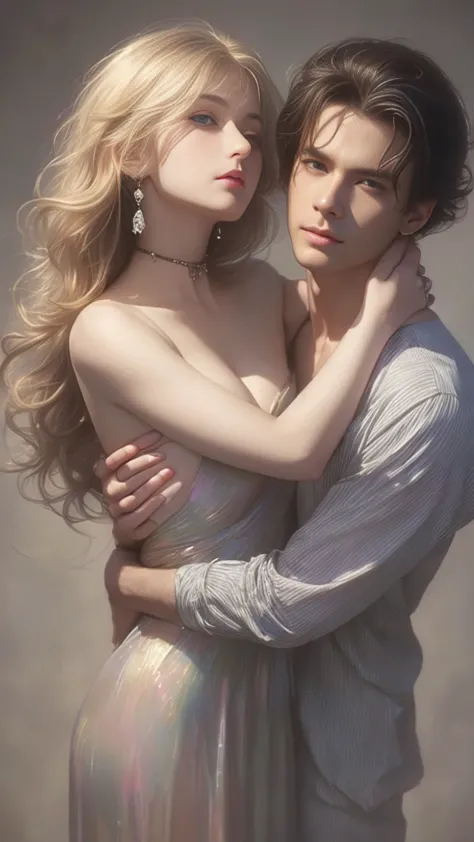 high-quality images of couples: blond man (tall、statue-like、handsome and、brave young man、blue eyes、curly golden hair、wearing a g...