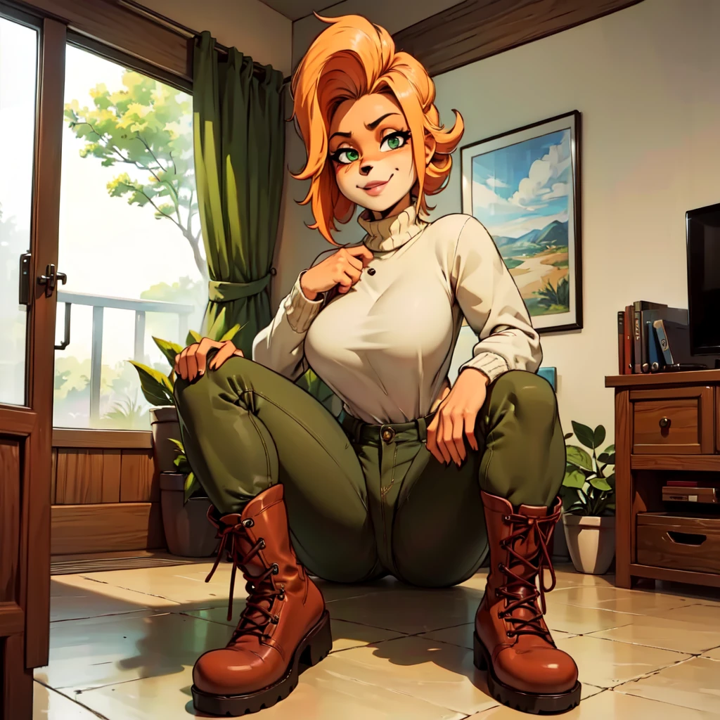 (best quality,4k,8k,highres,masterpiece:1.2),ultra-detailed,realistic:1.37,portrait,anthro bandicoot girl redhead, braided hair, beautiful green eyes, relaxing moment, sexy ,seductive, warm sweater, camouflage pants, army boots, smirking, cozy lighting, vibrant colors , girl anthro , sweater, camouflage pants, army boots, 