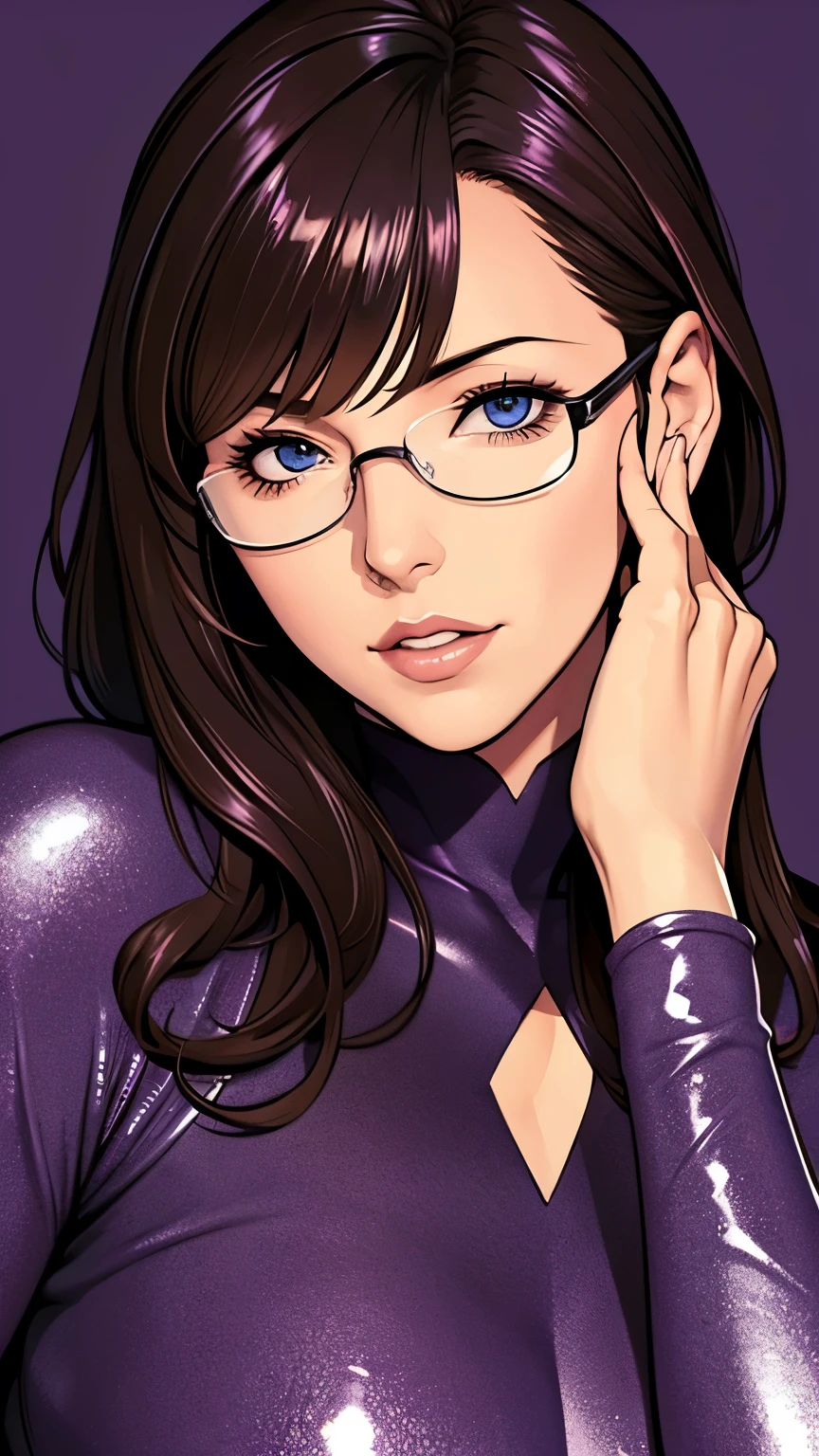 {8k images}, 1 Beautiful Mature Woman, Age 35, Pointed nose, Thick lips, Triangular face, Big hair with bangs (wine), blue eyes, {Watching the viewer directly}, {Look forward}, {Perfect Anatomy}, {Images that focus only on the face}, {Facial portrait}, Purple Background, Glasses, amazing, Shiny, Shine, sexy