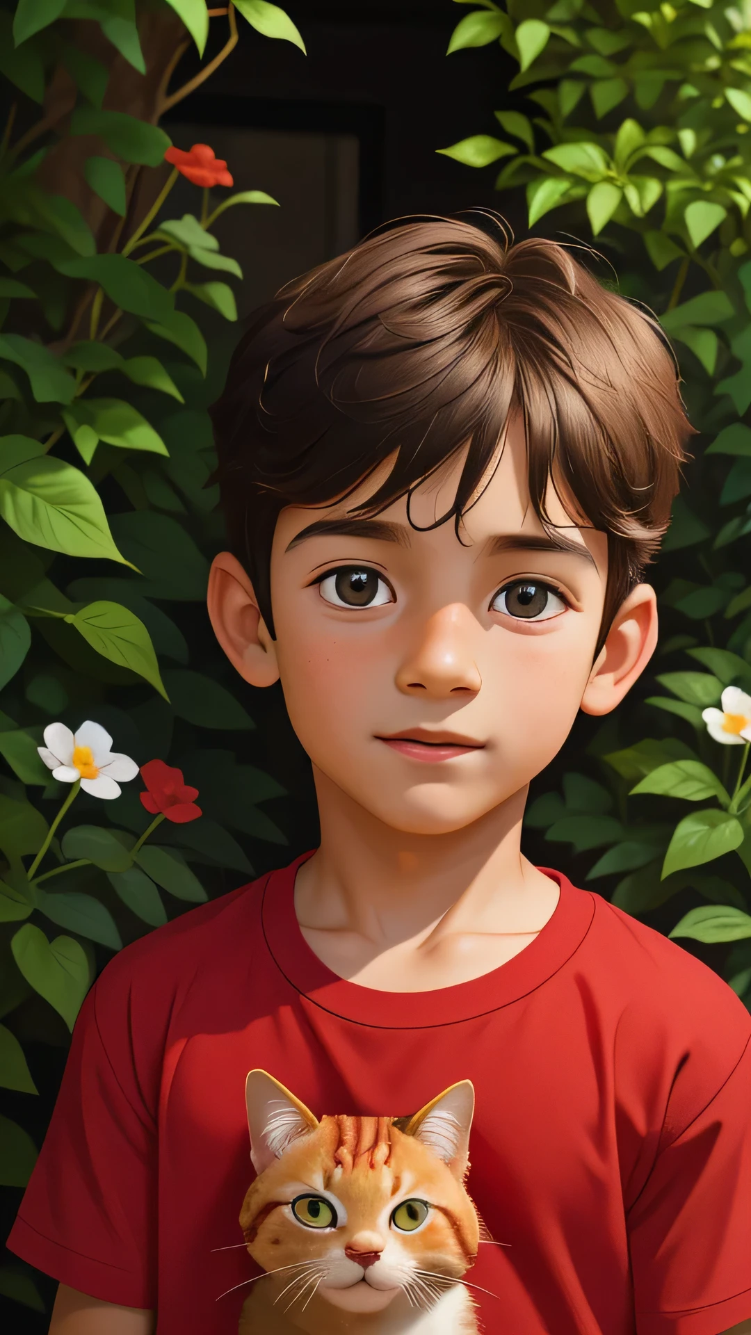 Realistic portrait of a seven year old boy, He wears a red shirt . Your face is and exploratory . He cautiously goes out into the garden of the house,  A small cat is among the bushes and he touches it cautiously ,Not facing the camera,, Hair is messy , 