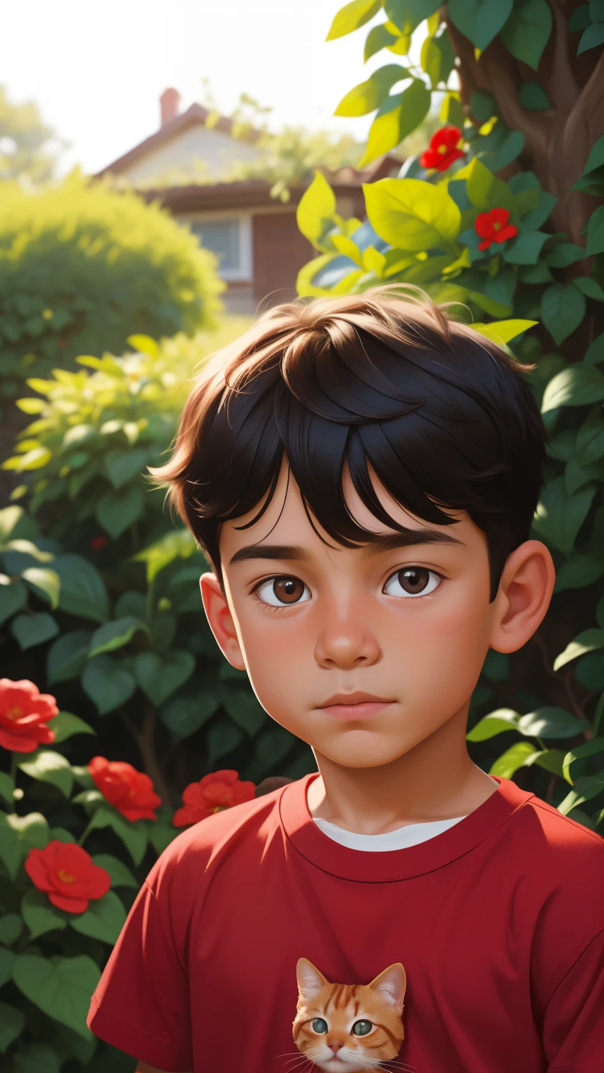 Realistic portrait of a seven year old boy, He wears a red shirt . Your face is and exploratory . He cautiously goes out into the garden of the house,  A small cat is among the bushes and he touches it cautiously ,Not facing the camera,, Hair is messy , 