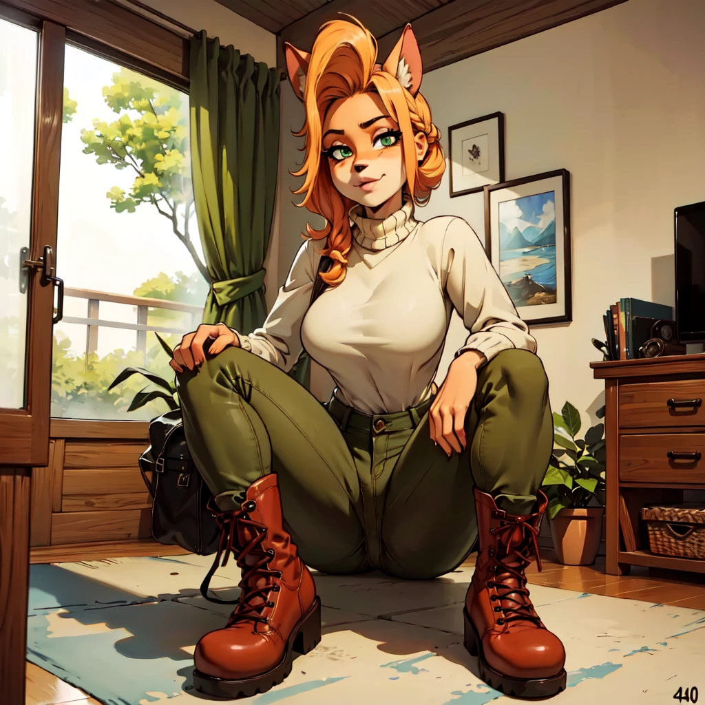 (best quality,4k,8k,highres,masterpiece:1.2),ultra-detailed,realistic:1.37,portrait,anthro bandicoot girl redhead, braided hair, beautiful green eyes, relaxing moment, sexy ,seductive, warm sweater, camouflage pants, army boots, , cozy lighting, vibrant colors , girl anthro , sweater, camouflage pants, army boots, 