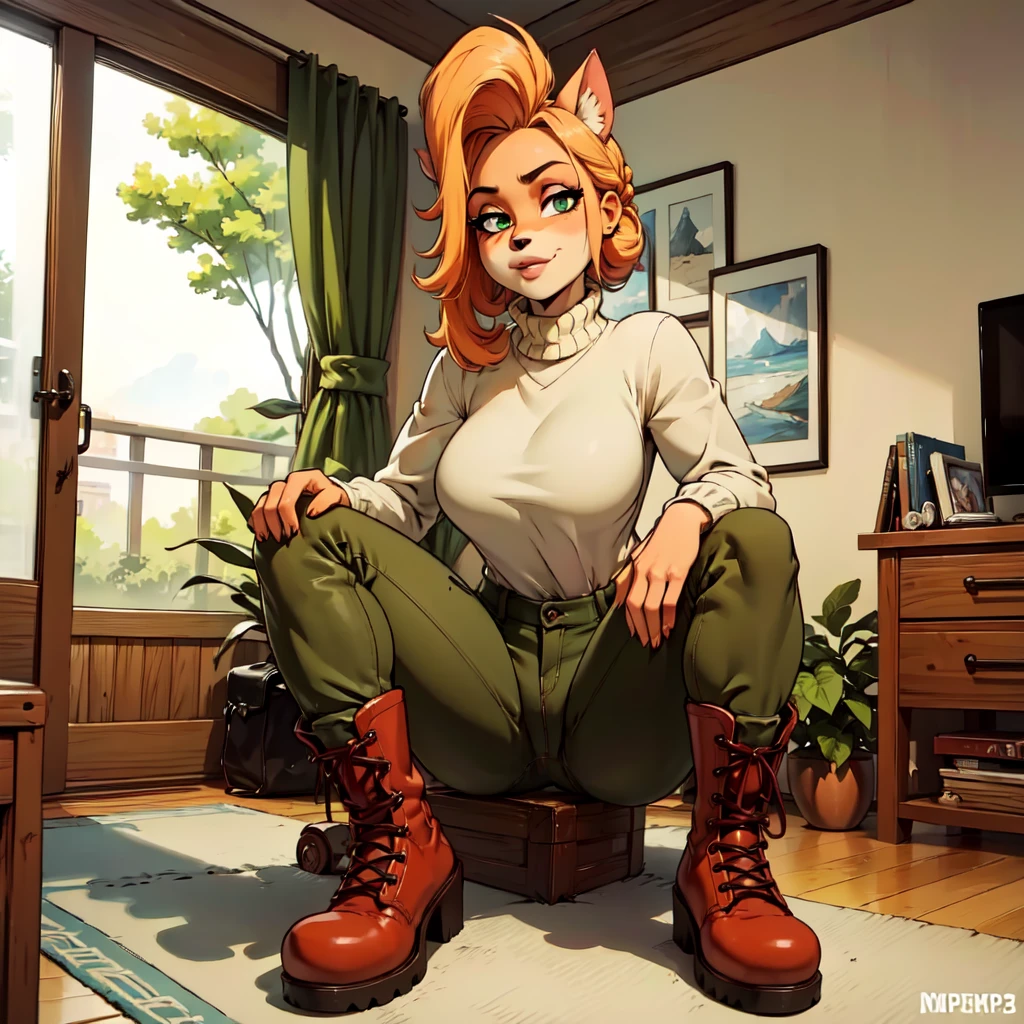 (best quality,4k,8k,highres,masterpiece:1.2),ultra-detailed,realistic:1.37,portrait,anthro bandicoot girl redhead, braided hair, beautiful green eyes, relaxing moment, sexy ,seductive, warm sweater, camouflage pants, army boots, , cozy lighting, vibrant colors , girl anthro , sweater, camouflage pants, army boots, 