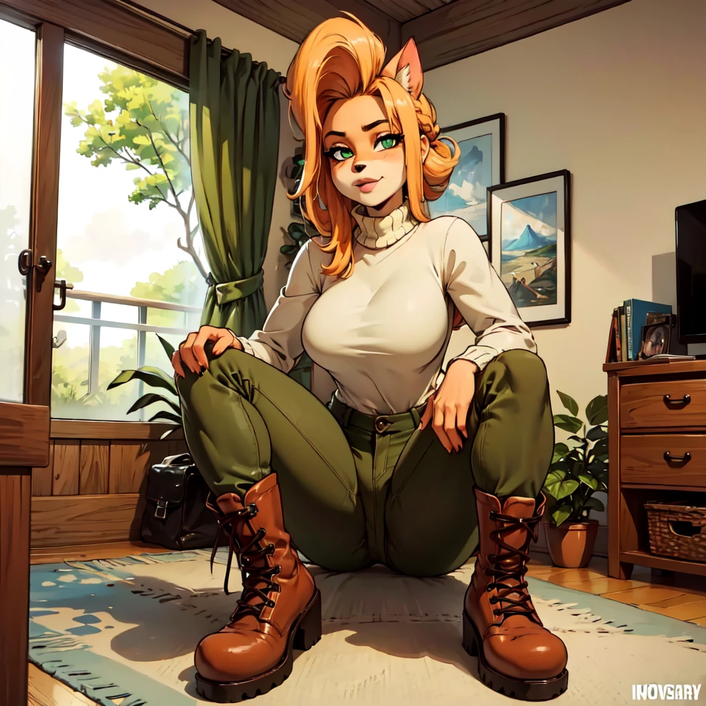 (best quality,4k,8k,highres,masterpiece:1.2),ultra-detailed,realistic:1.37,portrait,anthro bandicoot girl redhead, braided hair, beautiful green eyes, relaxing moment, sexy ,seductive, warm sweater, camouflage pants, army boots, , cozy lighting, vibrant colors , girl anthro , sweater, camouflage pants, army boots, 