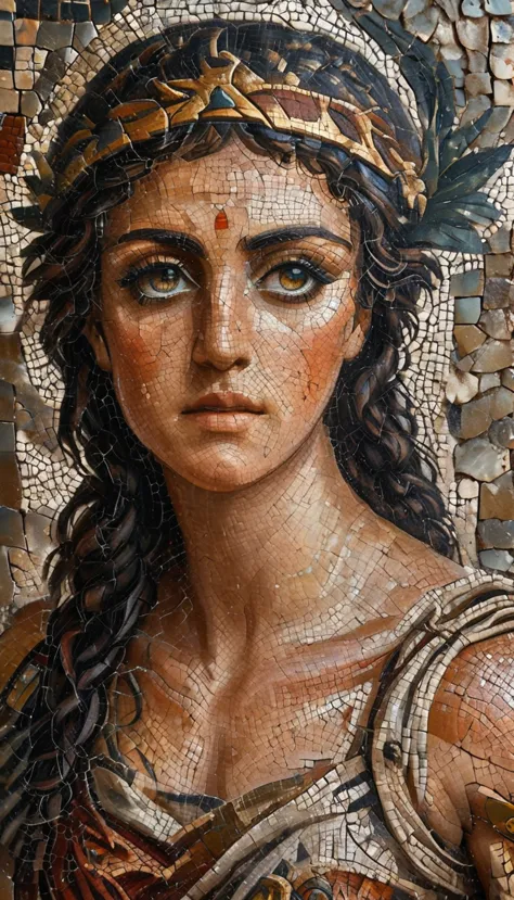 ancient greek mosaic art of an amazon warrior, beautiful amazon warrior, ((full body shot: 1.5)), ((anatomically correct: 1.5)) ...