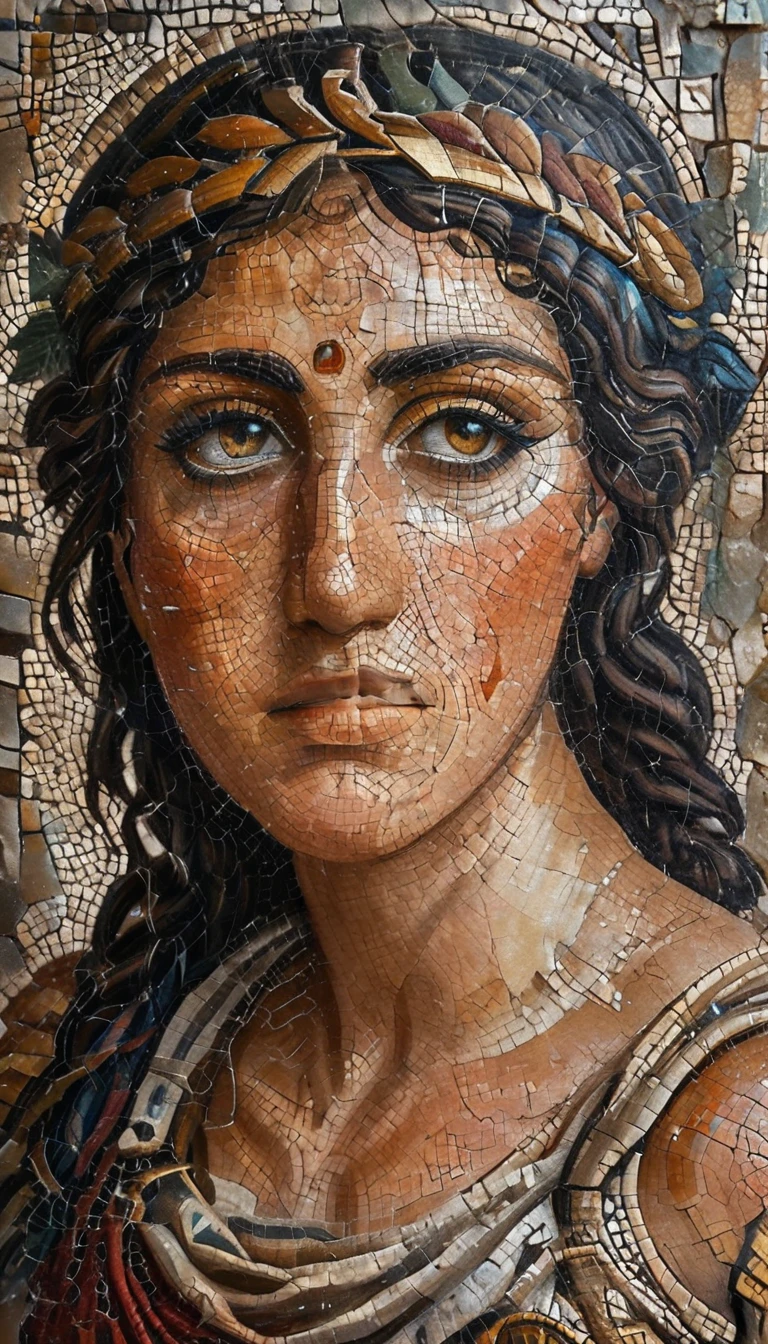 ancient Greek mosaic art of an amazon warrior, beautiful amazon warrior, ((full body shot: 1.5)), ((anatomically correct: 1.5)) (ultra detailed face: 1.4), dynamic skin complexion, dynamic hair style, dynamic hair color, she is wearing (ancient Greek armor: 1.3), (armed with a Greek short sword: 1.2), dynamic background, vibrant, Ultra-high resolution, High Contrast, (masterpiece:1.5), highest quality, Best aesthetics), best details, best quality, highres, 16k, [ultra detailed], masterpiece, best quality, (extremely detailed) RAW, fantasy art, dnd art, fantasy art, realistic art, (ultra details, Masterpiece, best quality), Intense gaze