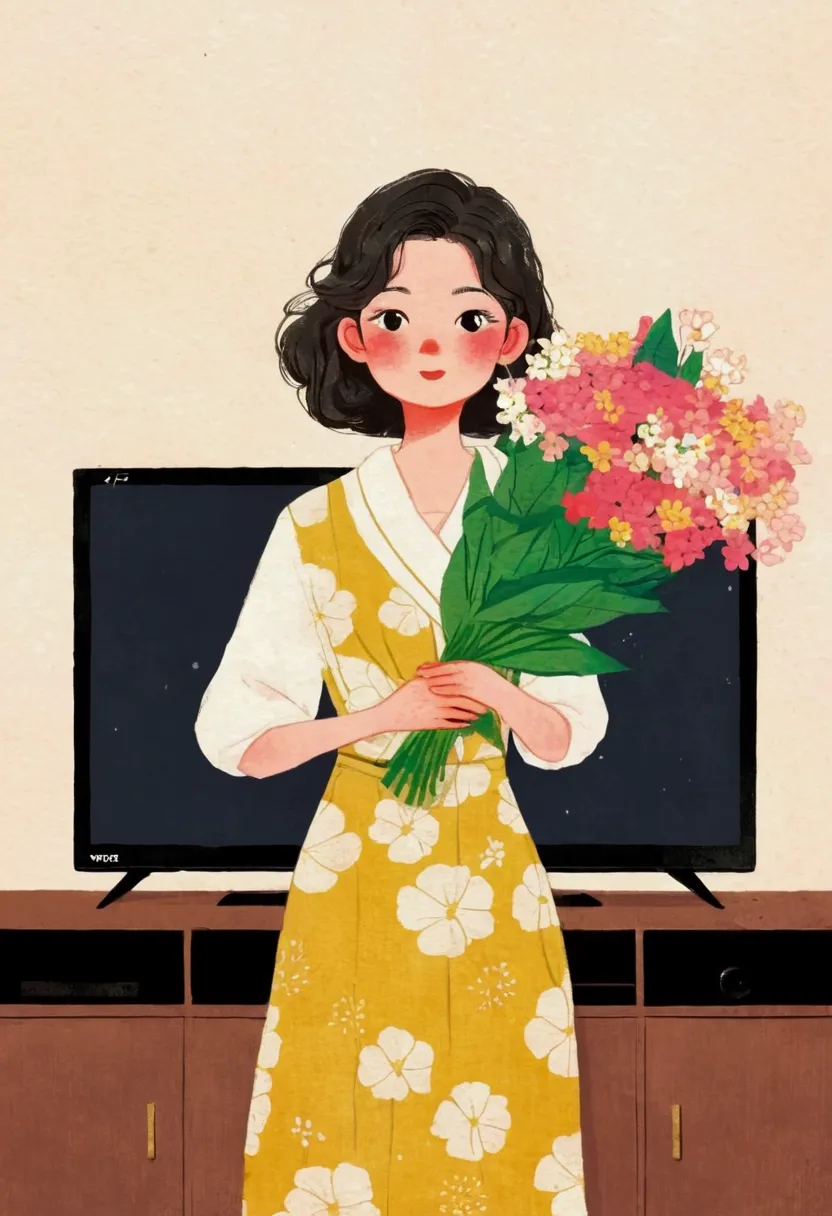 A woman standing in front of the TV，Holding flowers in hands, illustration, 杂志illustration, Japanese illustrator, illustration, ...