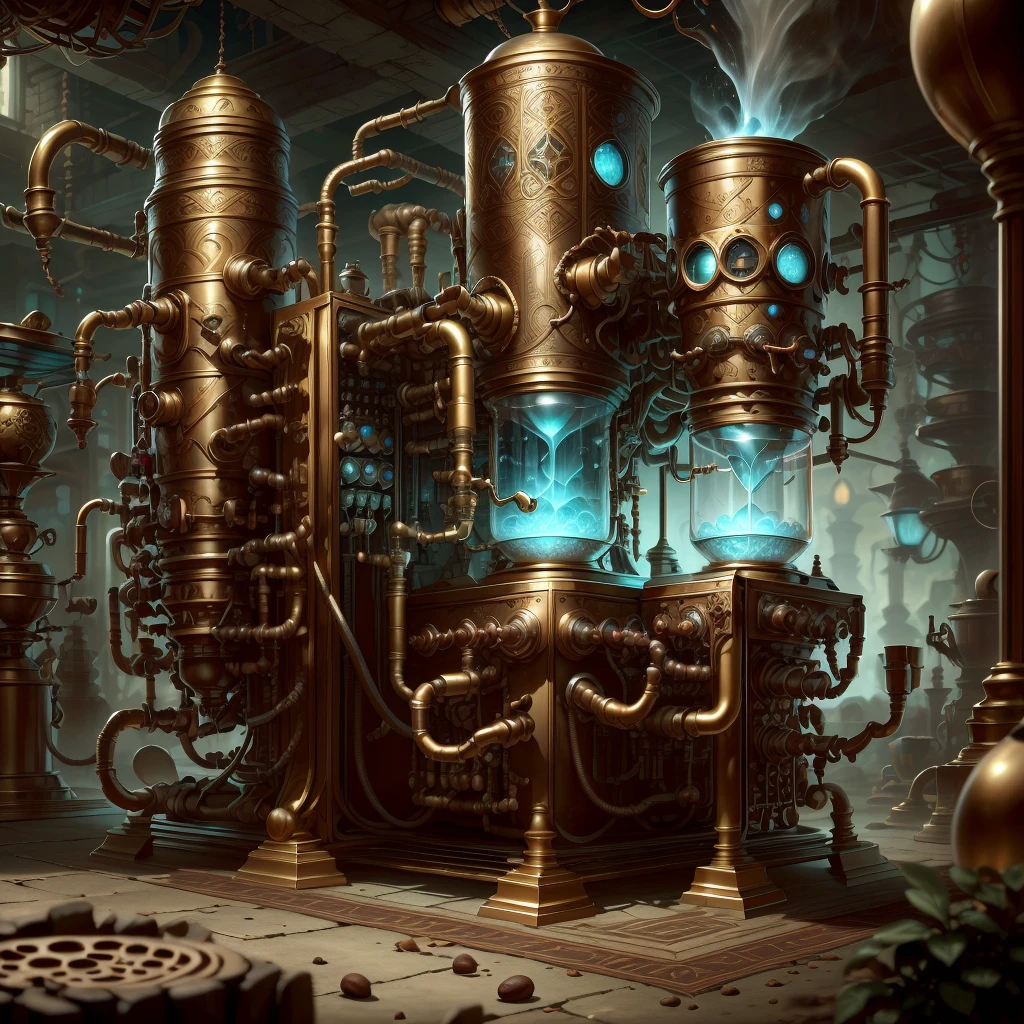 Dwemertech,ancient   ,coffee machine , detailed background,brass