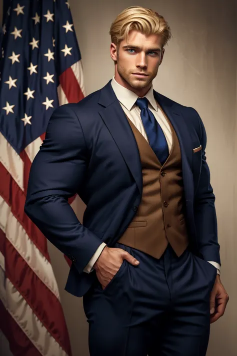 handsome american man with blonde hair and masculine build. he is wearing a classic dark american suit. there is an american fla...