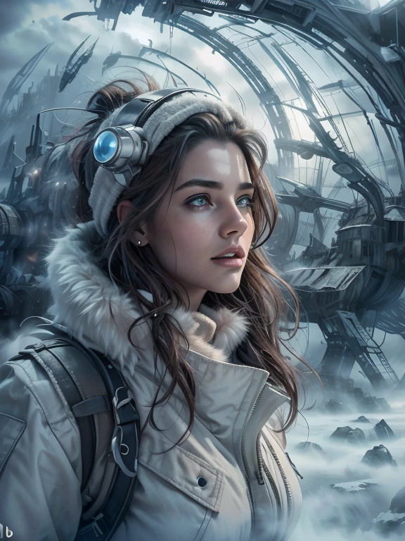 (masterpiece,ultra detailed,8k,photorealistic,cinematic lighting,dramatic lighting),(apocalyptic,snowy winter landscape),(beautiful young woman,23 years old,gorgeous european features,cleavage,long wavy brown hair,intense gaze,elegant pose),(giant futuristic spacecraft,high-tech shuttle,cold icy environment)