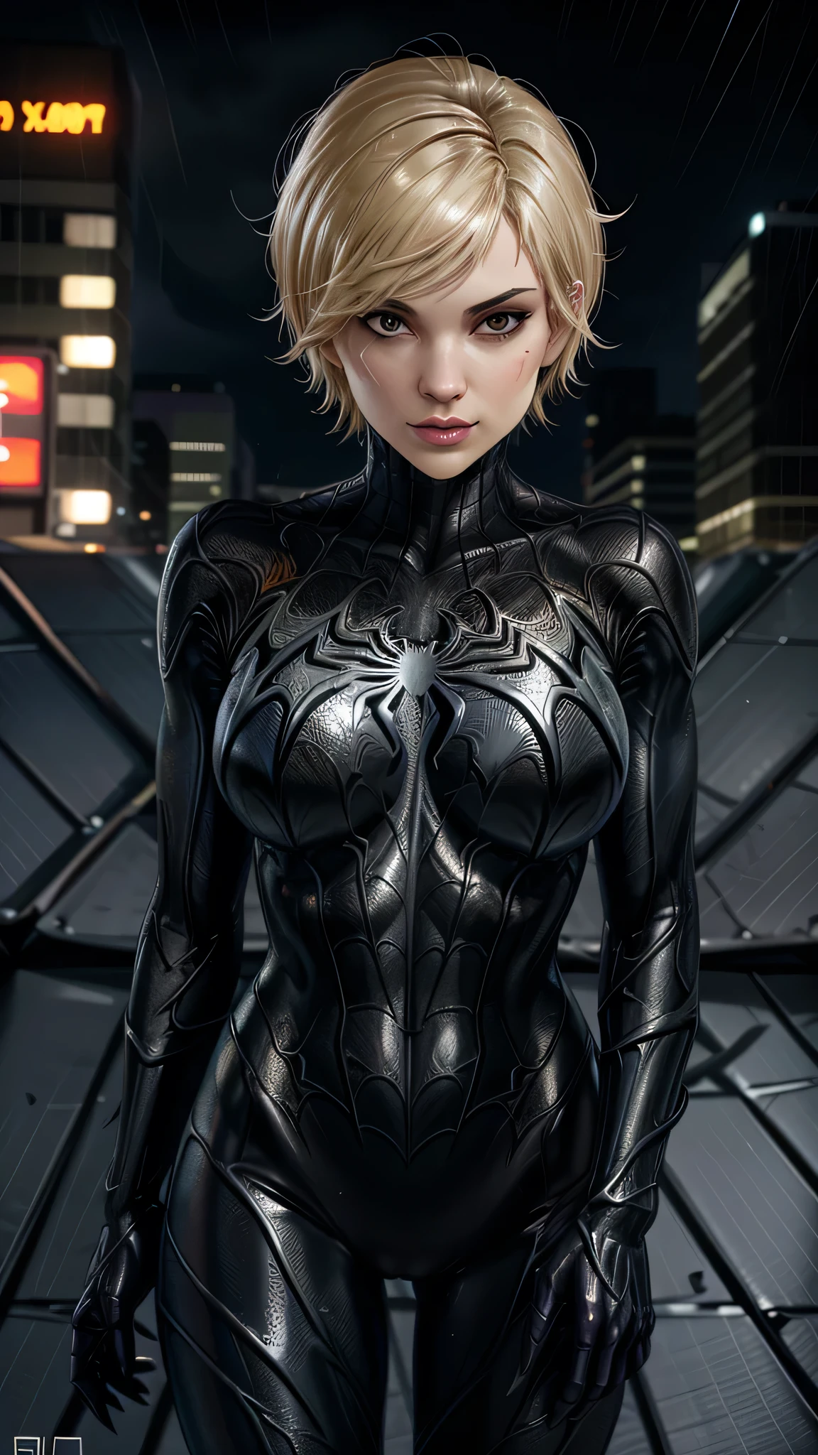 2 Mädchen, Spider-Man Venom Schwarzer Anzug, kurzes stumpfes Haar, blond, hübsches Gesicht, Regen, Dach, Erstarbeit, rissige Details, perfekte Anatomie]