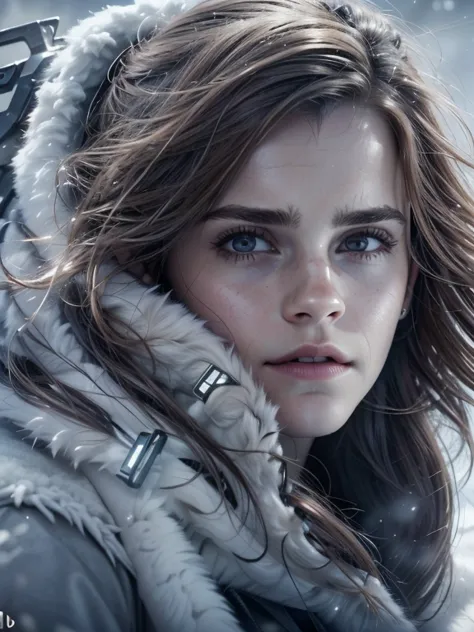 (emma watson, detailed,8k,photorealistic,cinematic lighting,dramatic lighting),(apocalyptic,snowy winter landscape),(beautiful y...