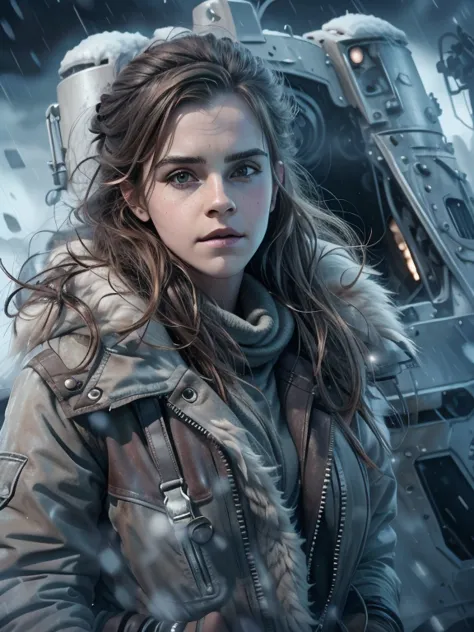 (emma watson, detailed,8k,photorealistic,cinematic lighting,dramatic lighting),(apocalyptic,snowy winter landscape),(beautiful y...