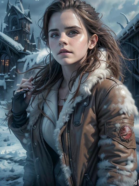 (emma watson, detailed,8k,photorealistic,cinematic lighting,dramatic lighting),(apocalyptic,snowy winter landscape),(beautiful young woman,23 years old,gorgeous european features,cleavage,long wavy brown hair,intense gaze,elegant pose),(giant futuristic spacecraft,high-tech shuttle,cold icy environment)