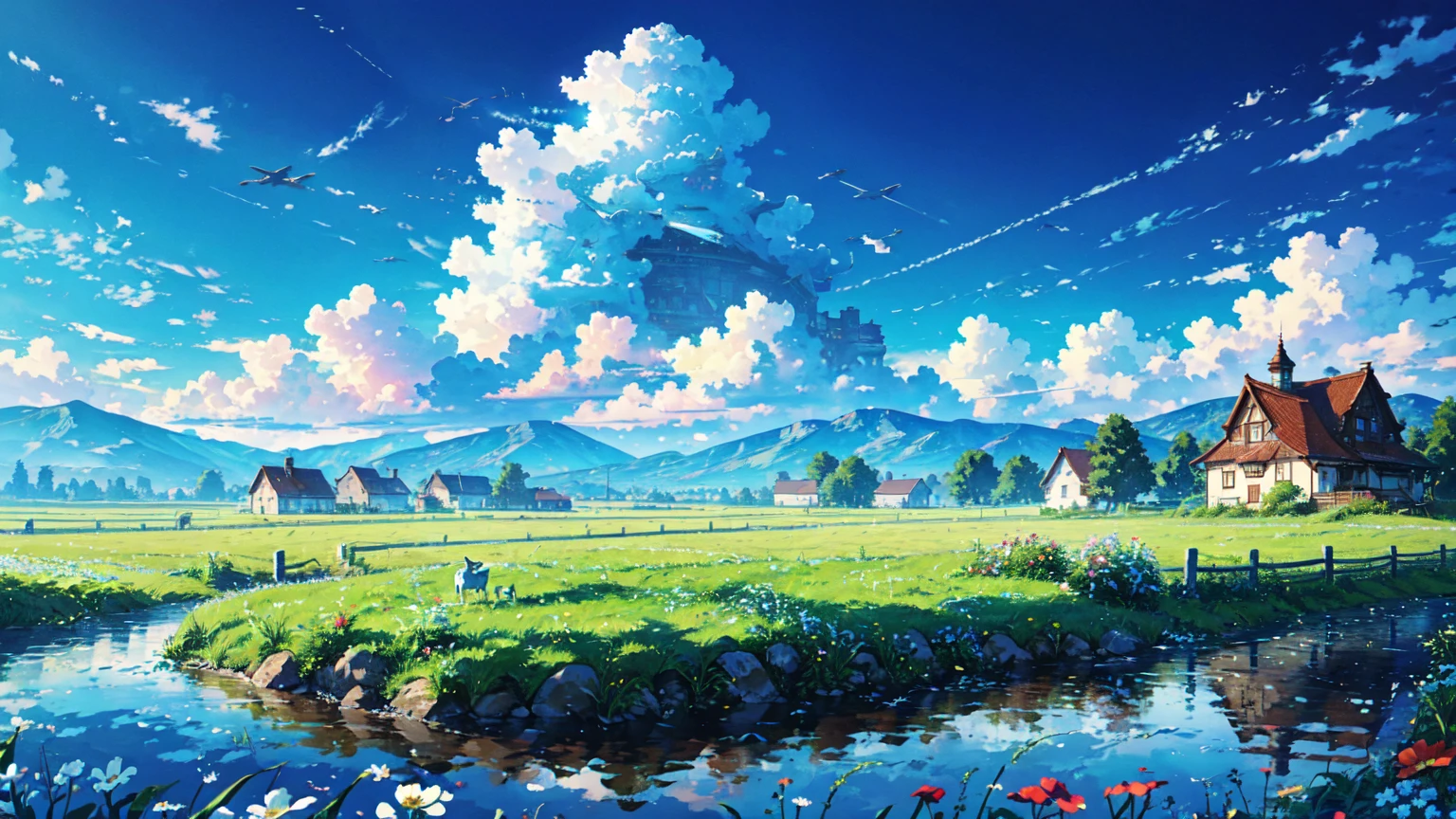 Leviathan flying in the blue sky, Imagine, a peaceful day, Detailed clouds, Place, Grazing cows, flower, House in the distance, Fence, wood, Excellent, no people, no human