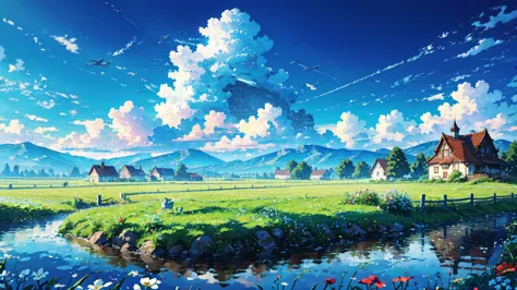 leviathan flying in the blue sky, imagine, a peaceful day, detailed clouds, place, grazing cows, flower, house in the distance, ...