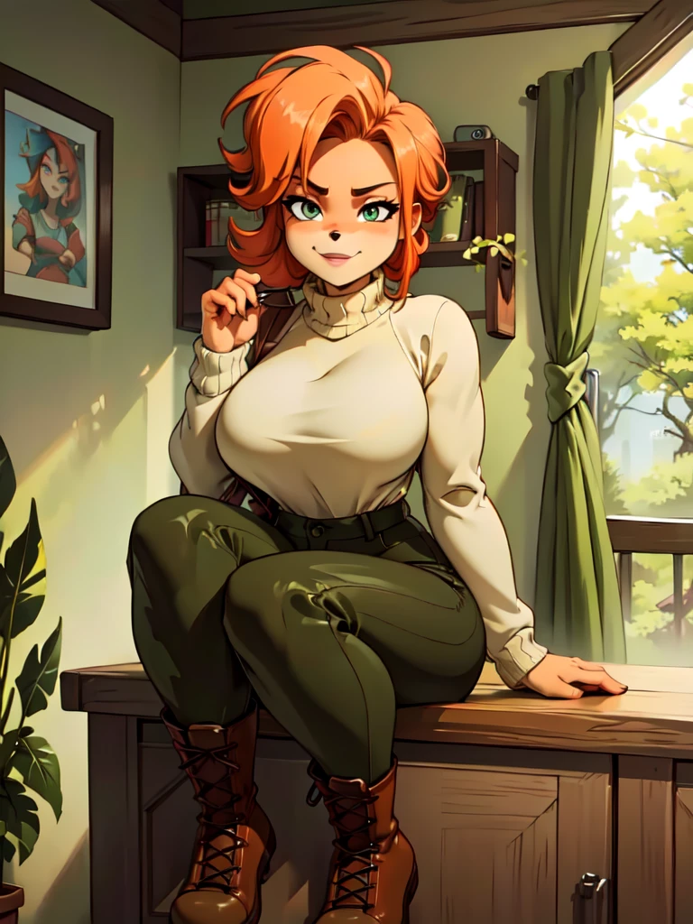 (best quality,4k,8k,highres,masterpiece:1.2),ultra-detailed,realistic:1.37,portrait,anthro bandicoot girl redhead, braided hair, beautiful green eyes, sexy relaxing moment, sexy ,seductive, warm sweater, camouflage pants, army boots, smirking, cozy lighting, vibrant colors , girl anthro , sweater, camouflage pants, army boots, date ,