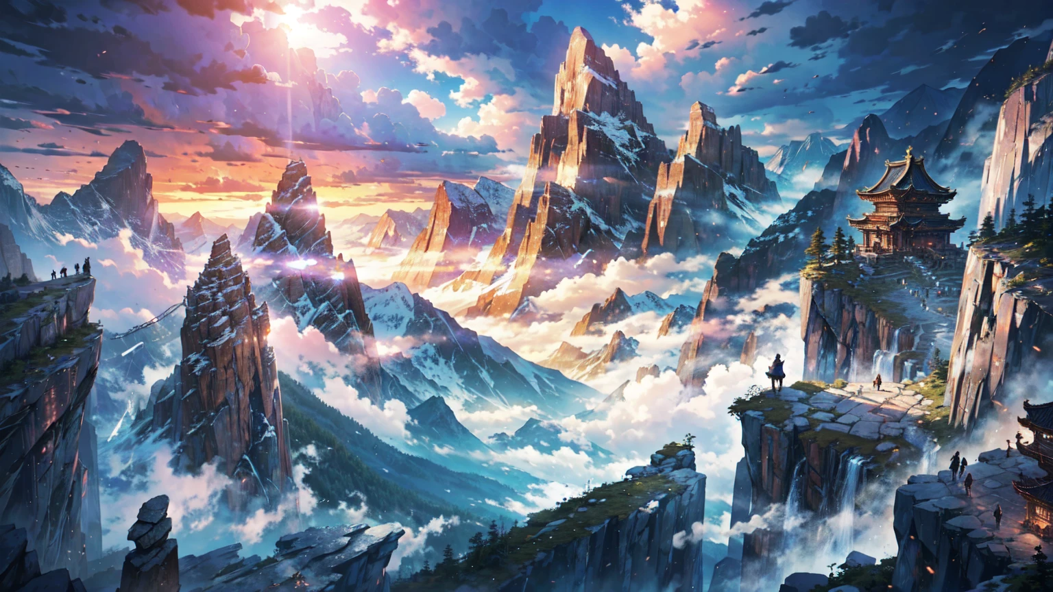 Steep rocky mountains(Leviathan:1.1),Vision, Mysterious Clouds, cliff, fog, Temple, wood, dream, Fantasy, no people, no human