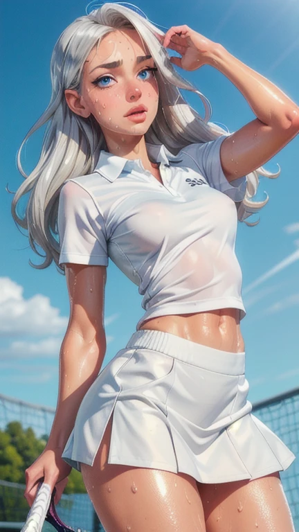 masterpiece, best quality, realistic, hyper-detailed, (shiny skin, sweaty:1.4), slender, looking at viewer, 1girl, solo, tennis wear, white polo shirt, white sneakers, white miniskirt, long hair, silver hair, blue eyes, (thick thighs:0.5), dynamic lighting, high resolution, sharp focus, depth of field, perky breats