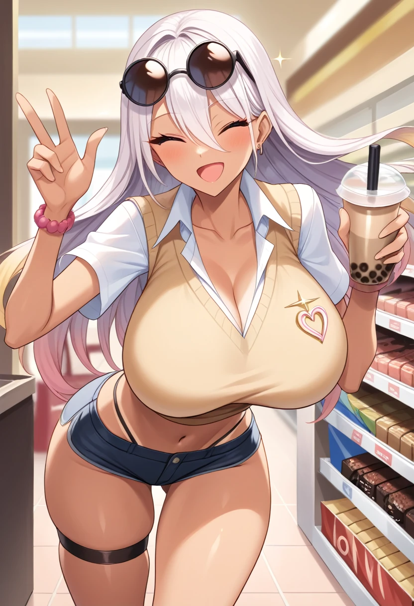 score_9,score_8_up,score_7_up BREAK 1girl, solo, collared shirt, open collar, collarbone, (sweater vest), midriff, hotpants, gyaru, tan skin, dark-skinned female, eyelashes, short sleeves, large breasts, round breasts, skindentation, hips, thighs, bubble tea, hands up, smartphone, eyewear on head, smile, open mouth, happy, white hair, gradient hair, floating hair, sparkles, bangles, action pose, movement, three-quarter portrait, window shopping, shopping mall,